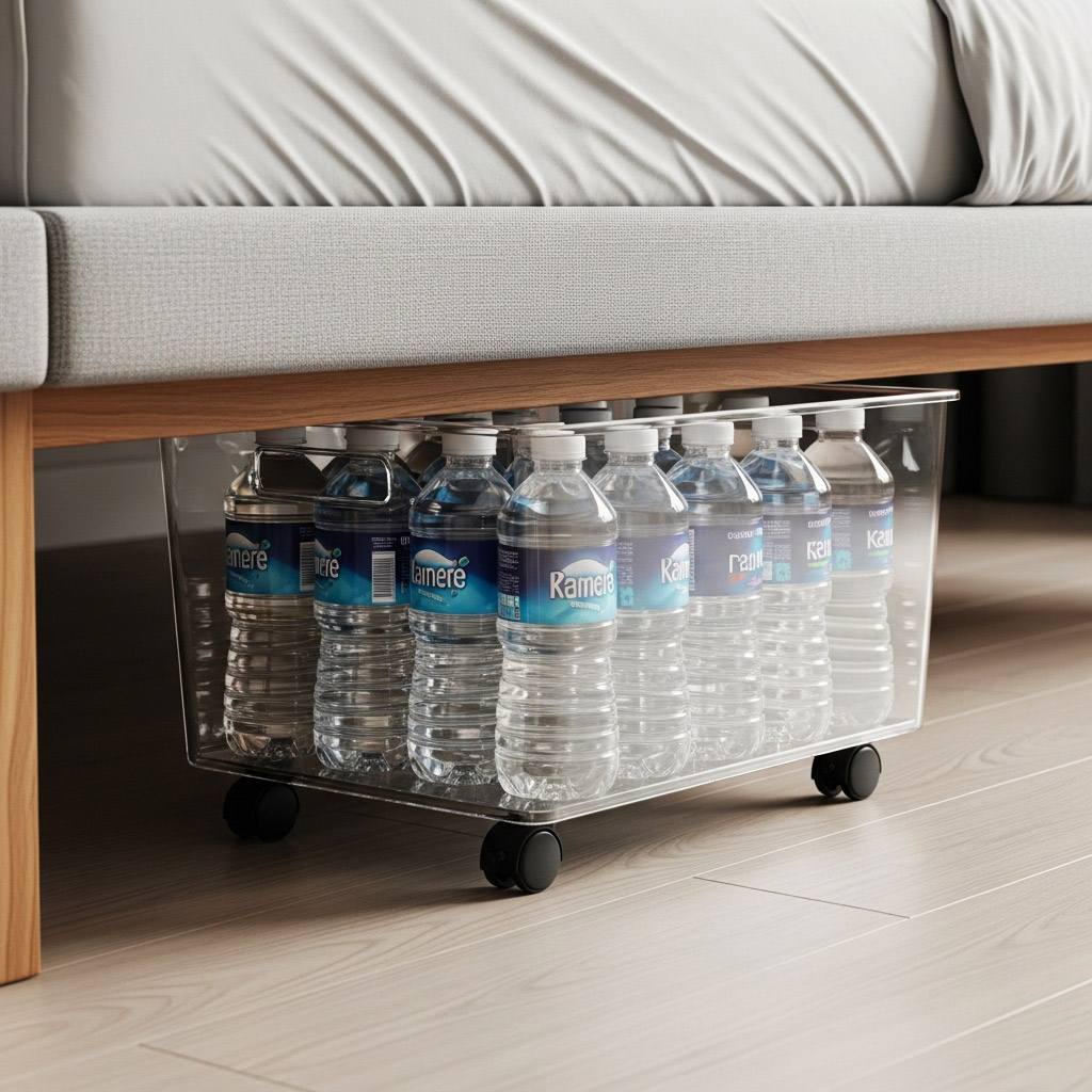 ペットボトルの備蓄のベッド下収納